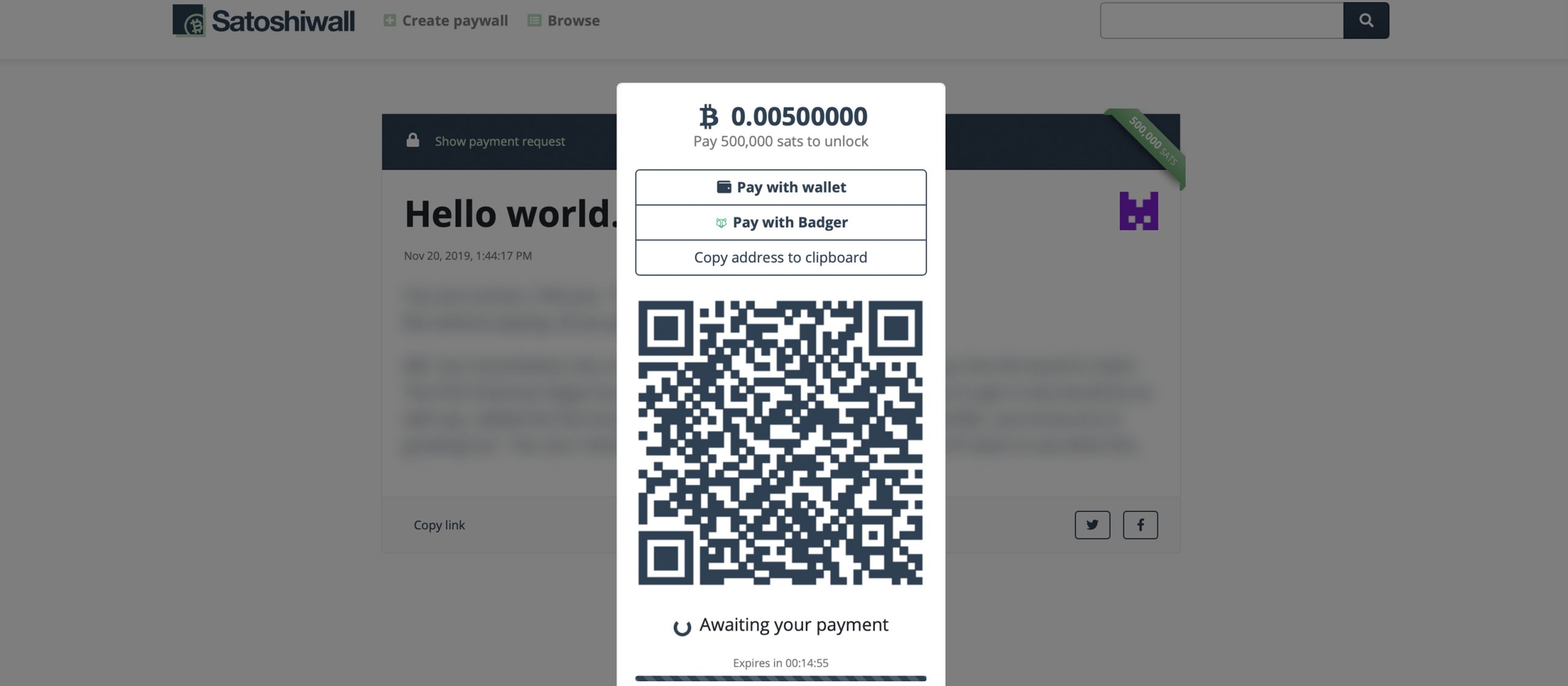 Developer Launches BCH-Powered Paywall Service El desarrollador lanza el servicio de Paywall impulsado por BCH "width =" 2560 "height =" 1120 "srcset =" https://news.bitcoin.com/wp-content /uploads/2019/11/helloworldsatwall22-scaled.jpg 2560w, https://news.bitcoin.com/wp-content/uploads/2019/11/helloworldsatwall22-300x131.jpg 300w, https://news.bitcoin.com /wp-content/uploads/2019/11/helloworldsatwall22-1024x448.jpg 1024w, https://news.bitcoin.com/wp-content/uploads/2019/11/helloworldsatwall22-768x336.jpg 768w, https: // noticias .bitcoin.com / wp-content / uploads / 2019/11 / helloworldsatwall22-1536x672.jpg 1536w, https://news.bitcoin.com/wp-content/uploads/2019/11/helloworldsatwall22-2048x896.jpg 2048w, https : //news.bitcoin.com/wp-content/uploads/2019/11/helloworld satwall22-696x305.jpg 696w, https://news.bitcoin.com/wp-content/uploads/2019/11/helloworldsatwall22-1392x609.jpg 1392w, https://news.bitcoin.com/wp-content/uploads/ 2019/11 / helloworldsatwall22-1068x467.jpg 1068w, https://news.bitcoin.com/wp-content/uploads/2019/11/helloworldsatwall22-960x420.jpg 960w, https://news.bitcoin.com/wp- content / uploads / 2019/11 / helloworldsatwall22-1920x840.jpg 1920w "tamaños =" (ancho máximo: 2560px) 100vw, 2560px