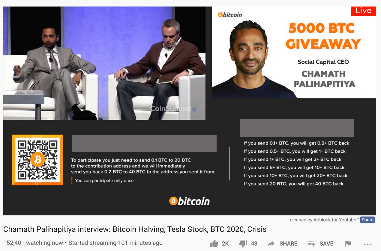  Estafa de 5000 BTC: Chamath Palihapitiya, Elon Musk no regalando Bitcoin 